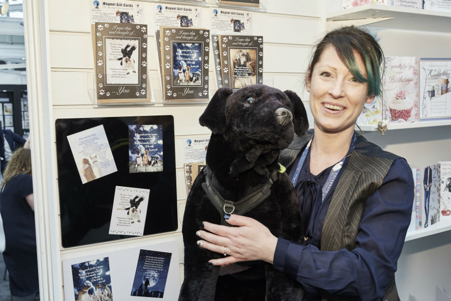 Cardigan Cards’ Davina Richardson with a four-legged friend Doug, that helped to launch the company’s new Furry-Tails of Freedom magnet gift cards range.