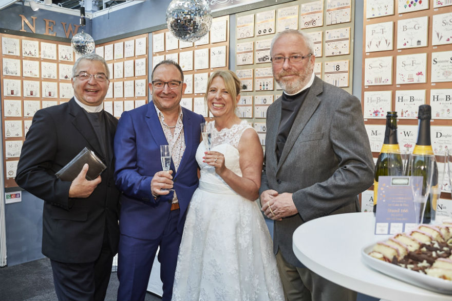 The ‘Vicars of Scribbly’ aka Peter Goodman (far right) and Mike Apicella (of SMS) did the honours for the newly weds Rush Design’s Lorraine and Ian Bradley