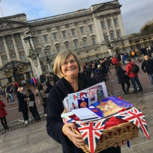 Lynn arriving at Buckingham Palace with some of the cards that hundreds of school children created for the competition she instigated.
