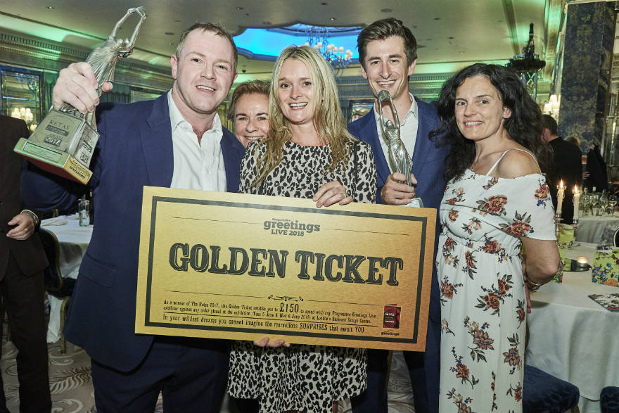 (Left-right) Retas Winner David Robertson (JP Pozzi), Jenny Cummins (Macmillan Cards, Sydney), Wendy Jones-Blackett (Wendy Jones-Blackett), double Retas winners Mark and Leona Janson-Smith (Postmark) in celebration mode. Every winner of The Retas will receive a Golden Ticket worth £150 to spend at PG Live 2018 and all finalists will receive a Silver Ticket worth £75 to spend at the show. 