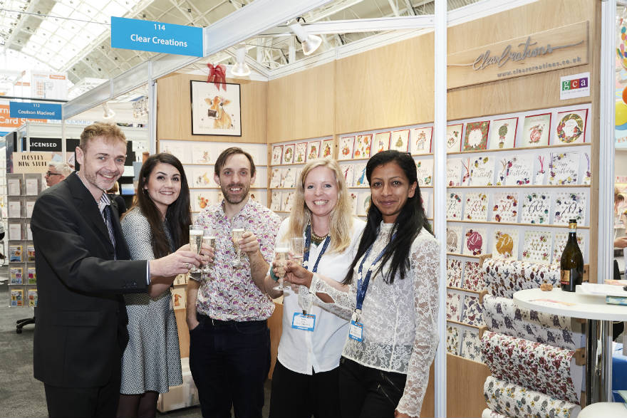 (Right-left) Clear Creations' Tanya Darling and Vicki Pryor toasted the company's 10th anniversary with fellow neighbouring exhibitors Simon Wadsworth (Wraptious), Hannah Malekzad and Chris Bryan (both from Second Nature).