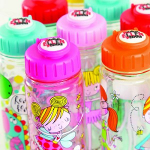 Brightly coloured drink bottles featuring Rachel Ellen characters