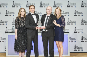 Danilo’s licensing director Dan Grant (second left) and creative director Martin Carter was met on stage at The Licensing Award by comedian Katherine Ryan (far left) who hosted the event, and collect the trophy from Stephanie Freeman of the category sponsor, TSBA.