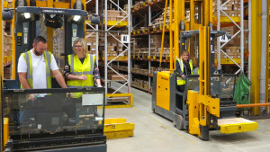 Dragonfly’s Rachael Barnes in a forklift in UKG’s warehouse last month when she was part of the publisher’s Customer Retail Forum event.
