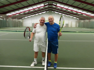 Brothers in arms – Warren and Bill (left) - at the end of their 4 hour, 47 minute tennis match yesterday.