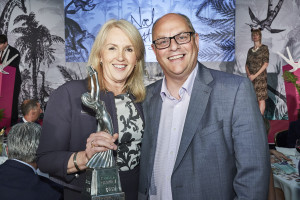 Karen Hubbard, ceo of Card Factory with the company’s retail operations director Ian McEnvoy at The Retas where it won Best Specialist Greeting Card Multiple.
