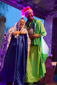 Beverley Green and her husband John dressed up on the Blue Rose nativity float.