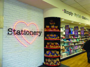 A neon sign shows WHSmith’s love of stationery.