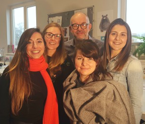 Designers (left-right) Cordelia Hutchison, Dulcie Price, Darren Dearden, Malgosia Piatkowska, Zoe Damoulakis in the Ling studio.