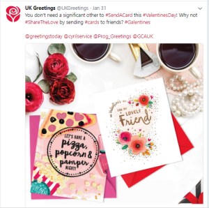 Tweet by UK Greetings showing some Galentine’s cards.