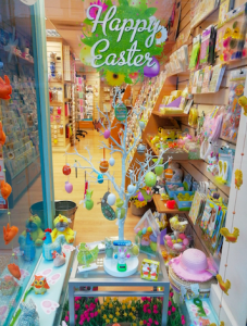 Easter tree in the window of Dragonfly Cards and Gifts.