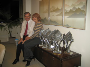 Simon and Janet Elvin with just some of The Henries awards the company has won over the years.
