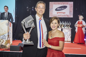 Redback co-founders, Chris and Kate Stanley with The Henries 2017 trophy for Best Humorous Card Range, won by Cloud Nine.