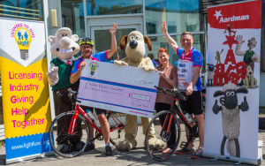 Max Publishing’ Hyder (left) and Aardman’s Rob Goodchild presented a £5,000 cheque from The Light Fund to Anna Shepherd of the Wallace Wallace & Gromit’s Grand Appeal the day before the Challenge started.