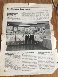 The newspaper clipping from 1968 of Sarah’s father proudly showing off the new W.N Sharpe greeting card installation in Spencer Thorn Bookshop.
