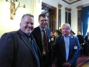 Noel Tatt’s Michael Griffiths (left) and Lee Hartley (right) with House of Cards’ Nigel Williamson at the 2017 GCA AGM.