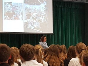 Hannah Dale, founder and creative supremo of Wrendale Designs is shown speaking to teenagers at a secondary school in Lincolnshire.