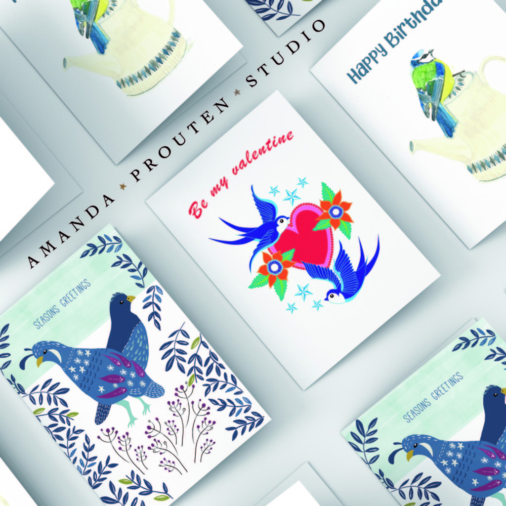 Birds of a feather flock together. Three artists combine their skills for the Amanda Prouten Studio card collection.
