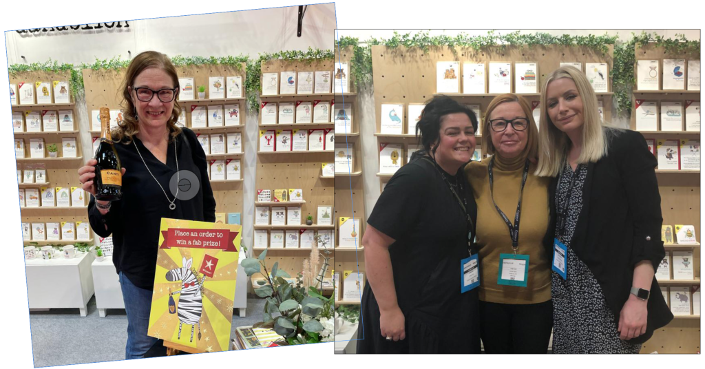 Above: Bridget from Cheltenham-based online card retailer The Wonky Tree won some fizz in Dandelion Stationery’s draw for all customers who placed an order, and the publisher’s owner Jo Wilson (left) and Jess Greaves (right) had a giggle with indie retailer Julie from Liverpool’s Voglio.