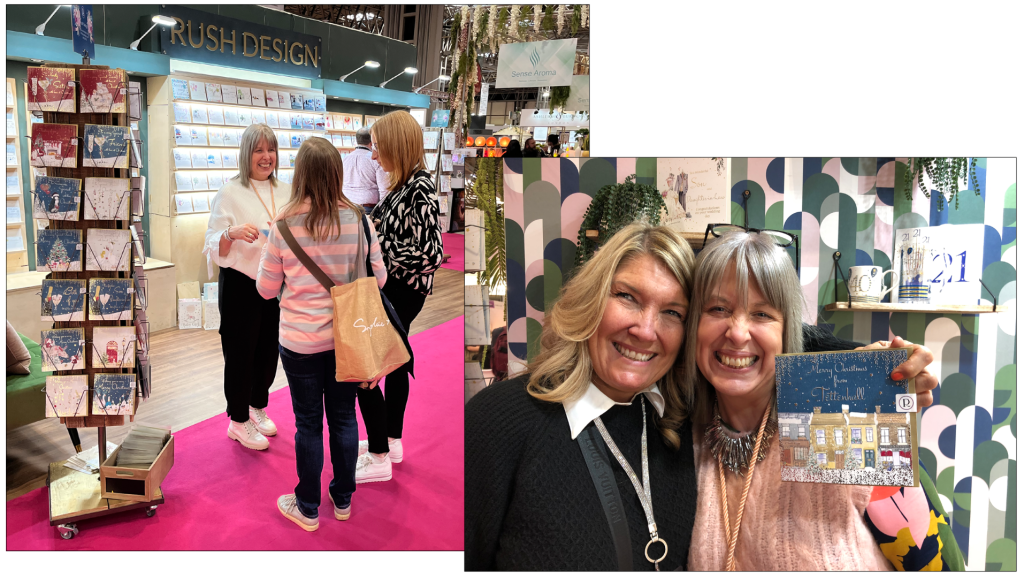 Above: Rush Design’s Lorraine Bradley gave a special personal service to indie retailer Caroline Ranwell – Christmas cards featuring her two Tettenhall stores, Hugs & Kisses greetings and gifts and No 43 clothing outlet.