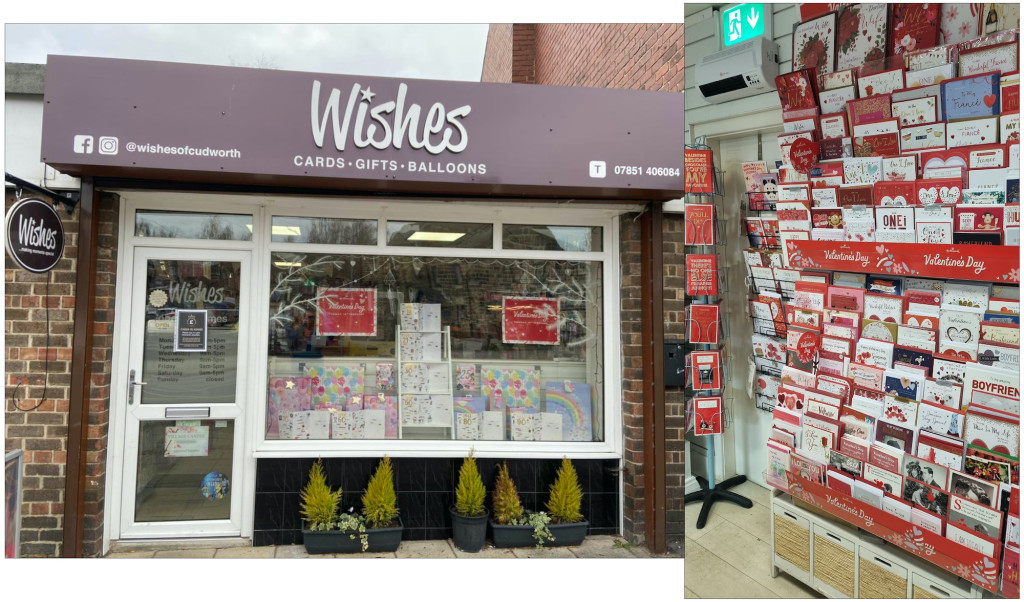 Above: Valentine’s window and cards at Wishes Of Cudworth