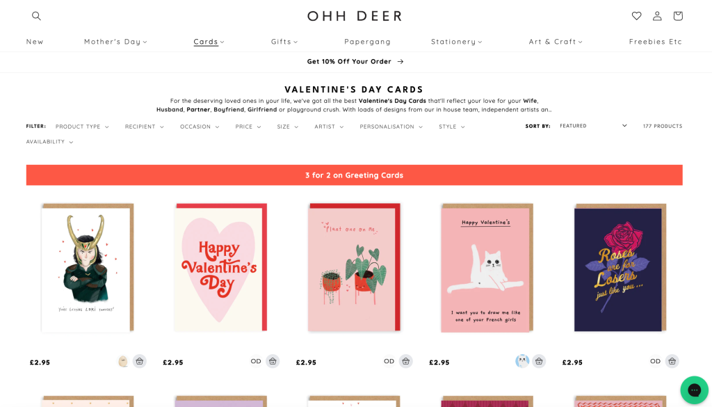 Above: Ohh Deer is one of the retailers which offered three for two deals on Valentine’s cards