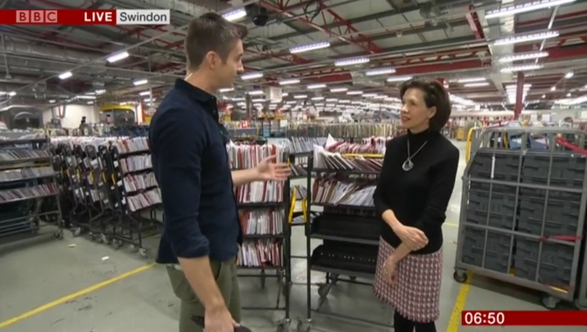 Above: The GCA’s ceo Amanda Fergusson being interviewed for BBC Breakfast in Royal Mail’s major Swindon sorting office in the run up to Christmas. 