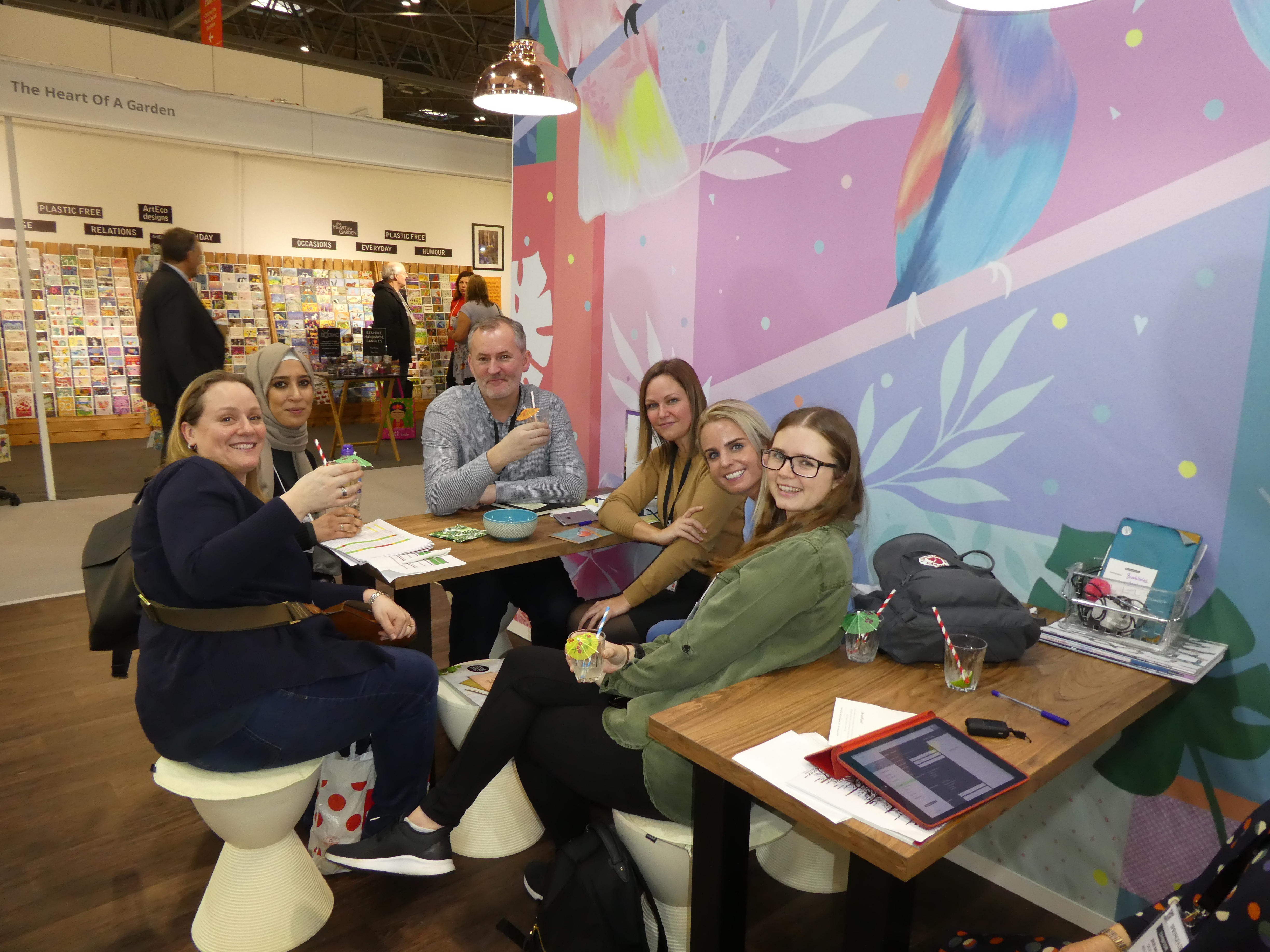 Above: Members of the John Lewis buying team with Woodmansterne’s Keith Gillespie on the publisher’s stand enjoying a cocktail at the end of the day. 