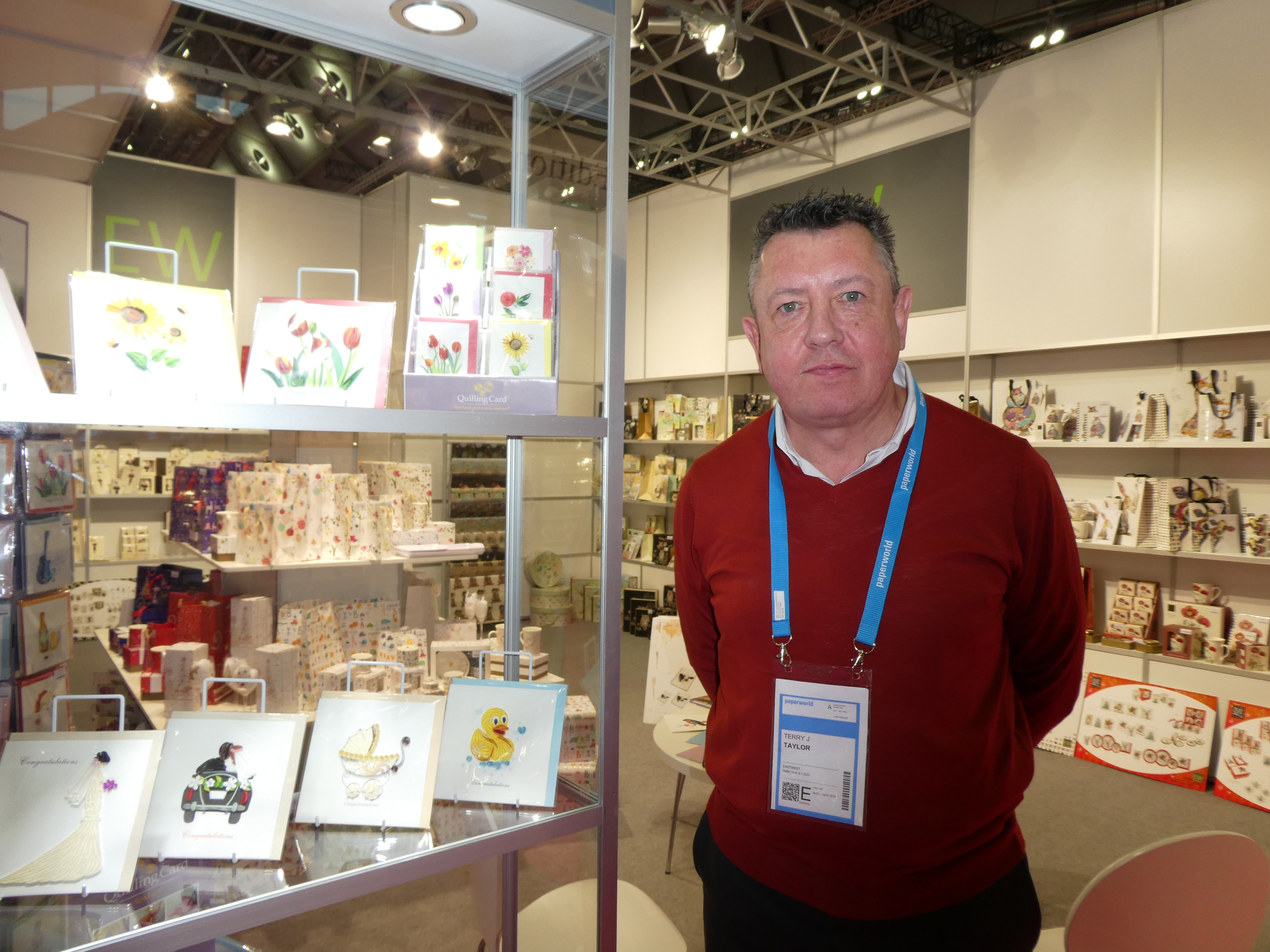 Above: As well as showing a vast range of Bug Art licensed giftpackaging and gift concepts, East West’s Terry Taylor revealed the company has become the European distributor of US company Quilling Card. 