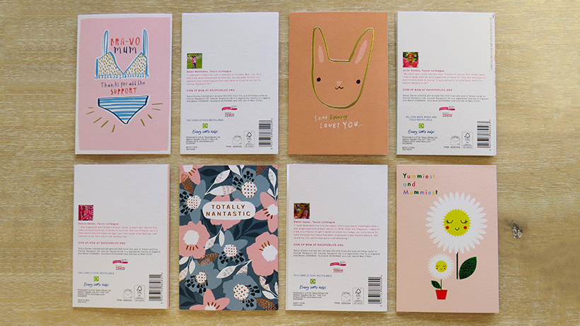 Above: The rear of the cards tells the stories of some of the Tesco team who have been affected by cancer. 