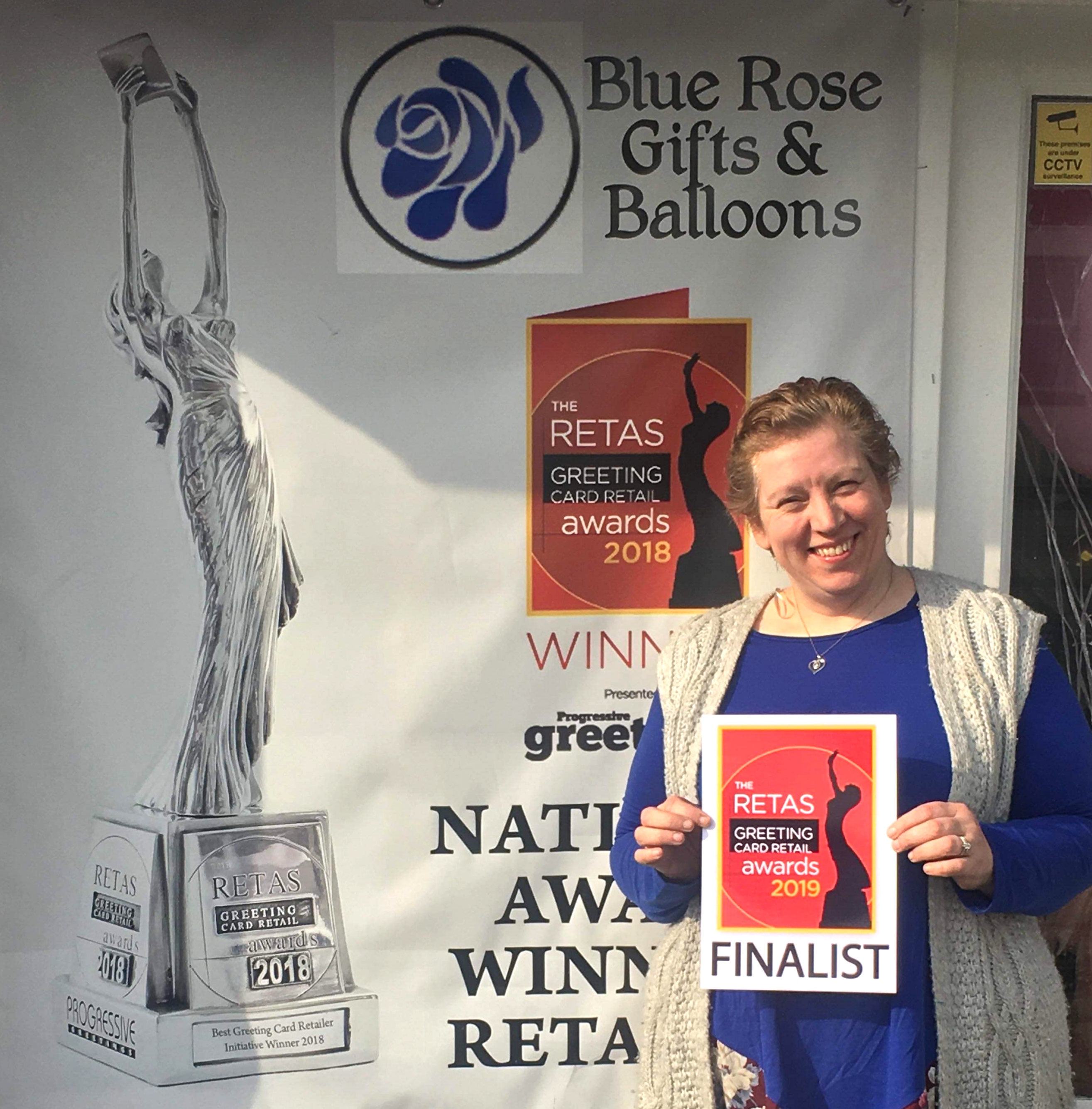 Above and top: Beverley Heyworth of Blue Rose Cards & Gifts was straight out there with her Retas’ finalist logo. 