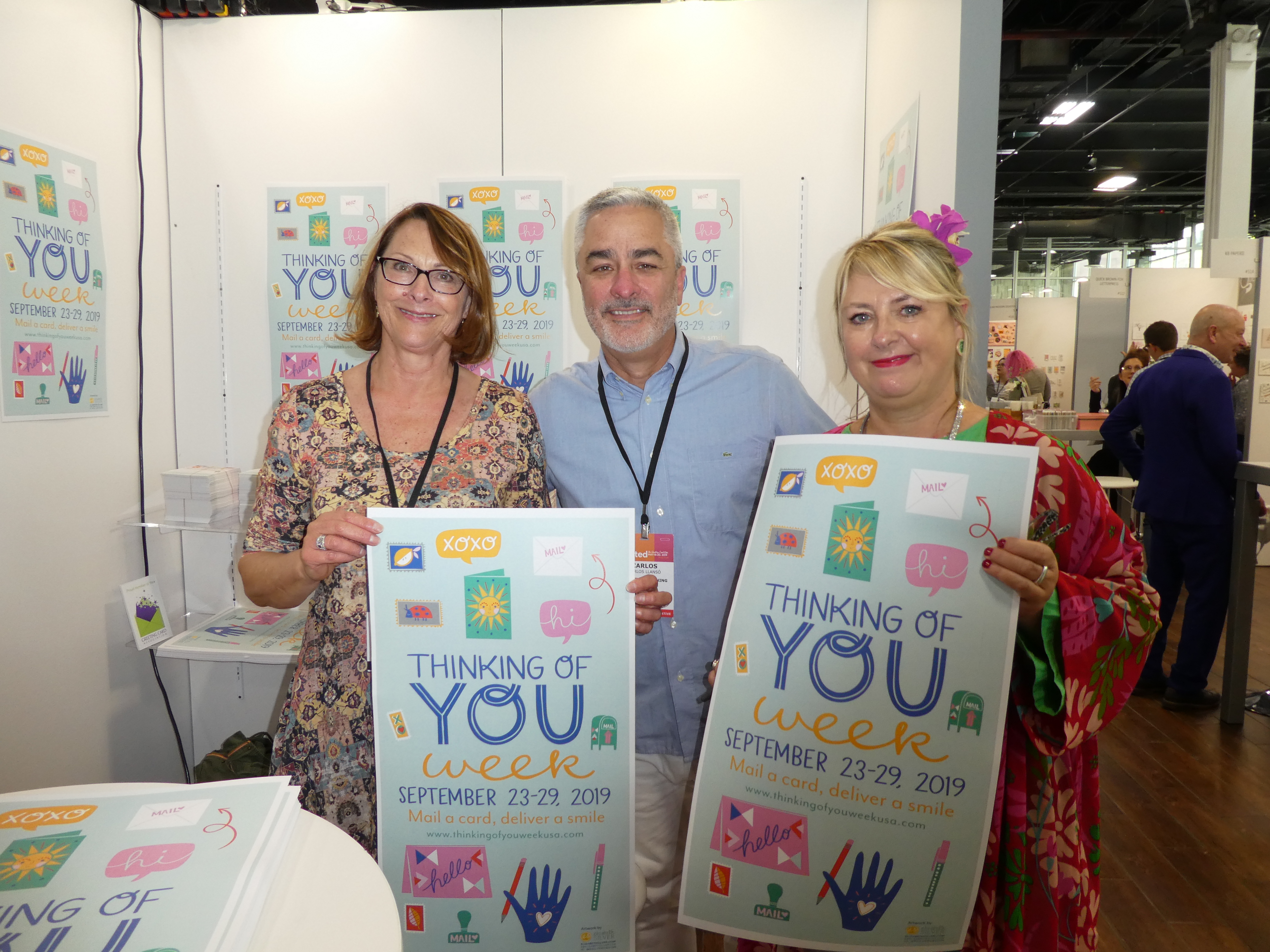 Above: (left-right) Calypso Cards’ Nicky Burton, US president Legacy Publishing’s Carlos LLanso and PG’s Jakki Brown at the Noted: Greeting Card Expo show with the Thinking of You Week posters that the US GCA is using for the event this year. 