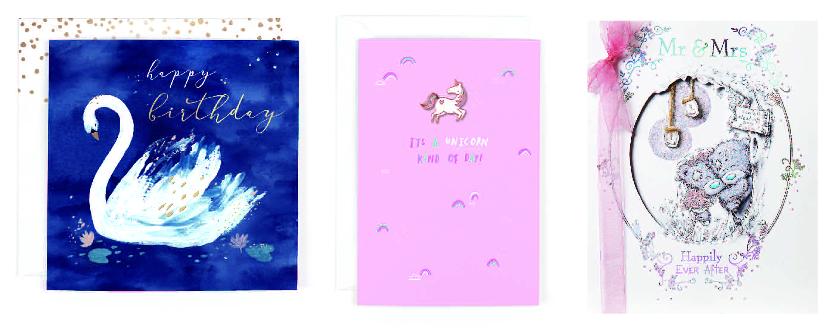 Above: (left-right) Hotchpotch’s Swan Lake cards are now supplied unwrapped as standard while Flair and Me to You designs which need protecting will still come wrapped. 