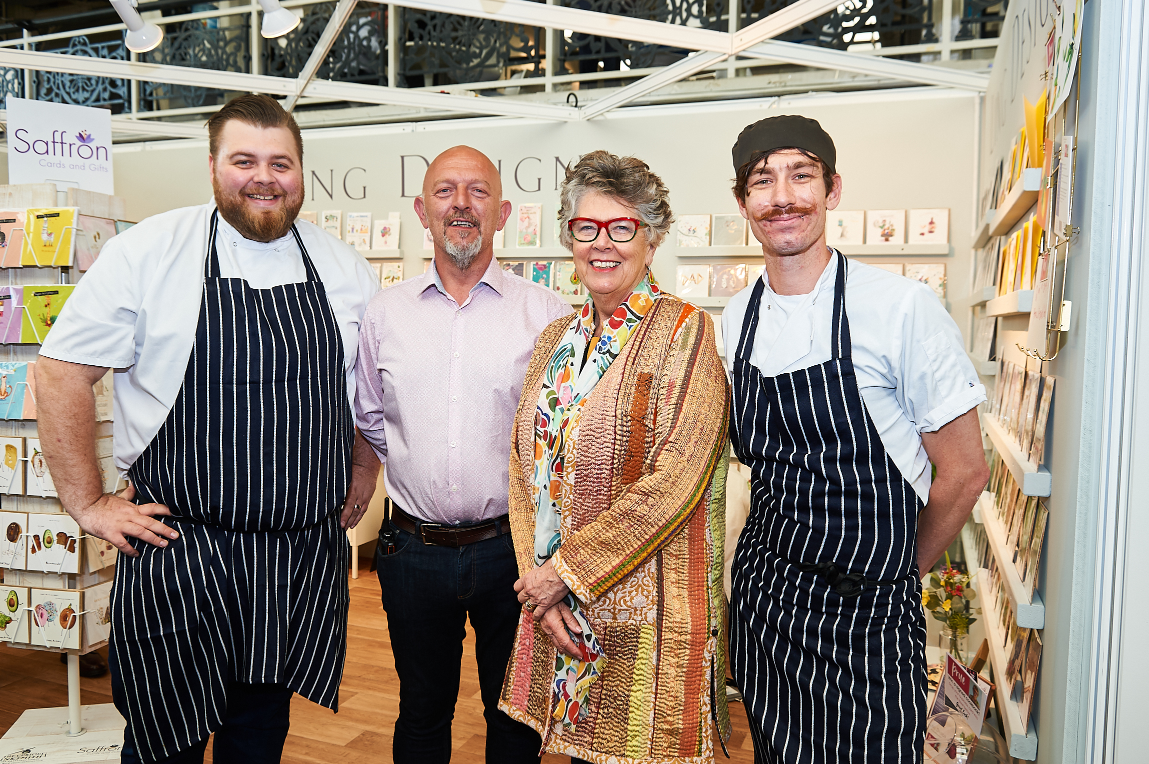 Above: Prue Leith with the BDC’s head chefs Michael Jellie (left), Dave Kulesza (right) and general manager of the venue’s catering company, Good Eating Company, Liam Keating.