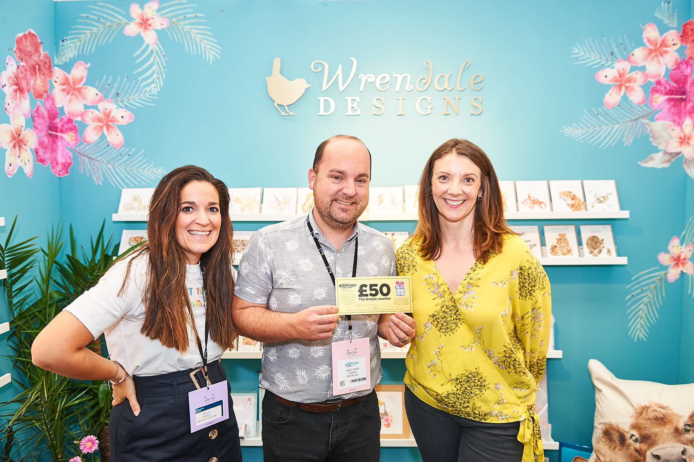 Above: Wrendale’s head of sales, Lisa Marcuccio (right) with colleague Bella Ghale and Greg Rose of Maybugs who spent his Greats voucher with the company at PG Live. 