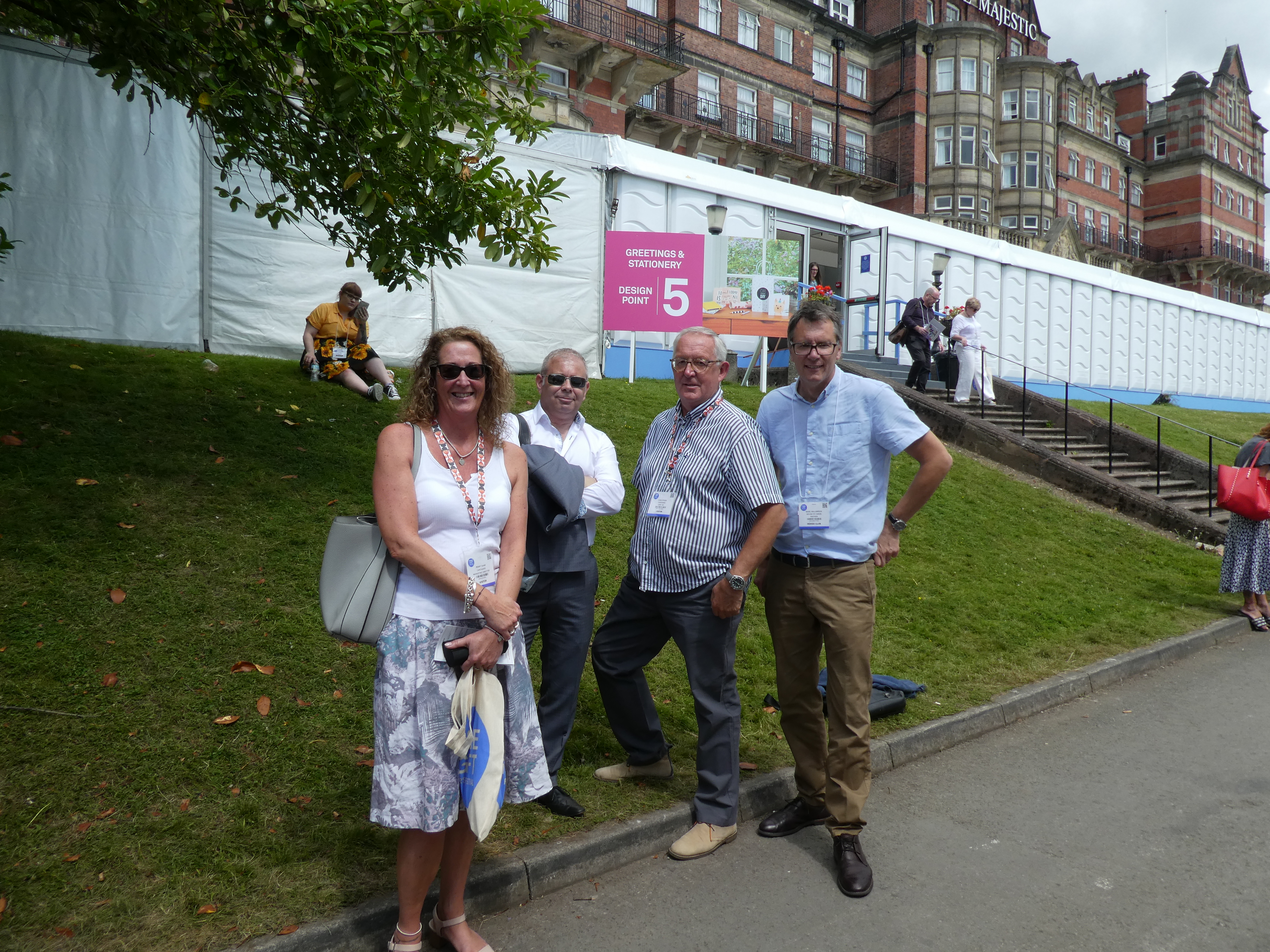 Above: Cardgains’ Penny Shaw and Chris Dyson (second left) with House of Cards’ Nigel Williamson (far right) and Miles Robinson next to the Greetings and Stationery marquee.