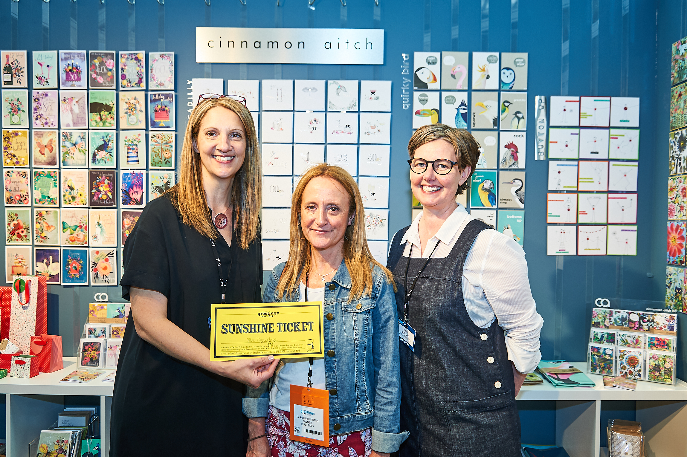 Above: (centre) Sarah Barrington, owner of Blue Dog Trading was delighted to spend her Sunshine Ticket with Cinnamon Aitch, one of her longest standing card suppliers.