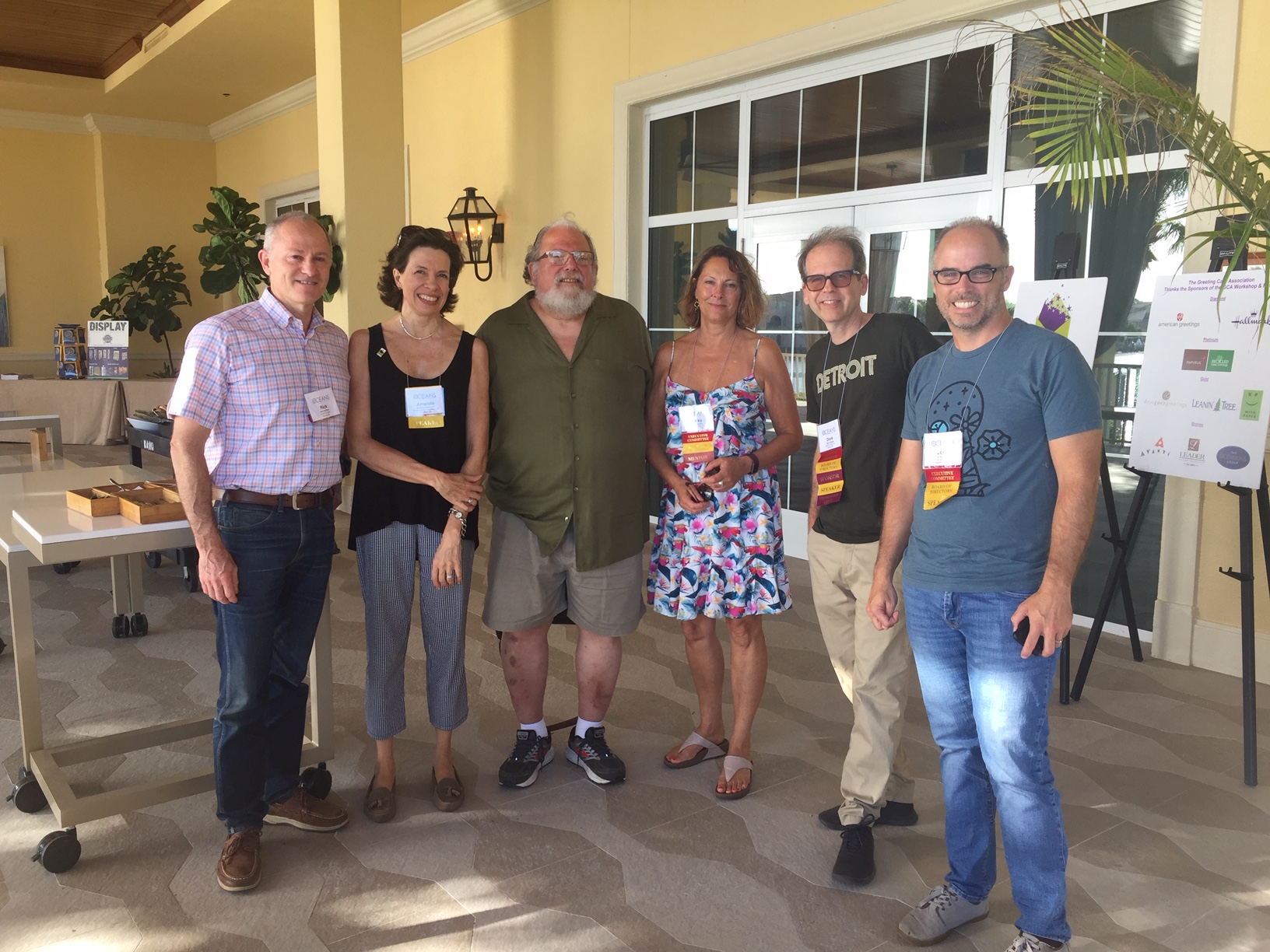 Above: The UK’s GCA Amanda Fergusson (second left) was flown out by the US Greeting Card Association to speak at its recent Workshop and Retreat in Naples Florida. Amanda with (far left) Rick Ruffner (Avanti) and (far right-left) John Smyth (A Smyth and Co), Dave Phipps (Avanti), Nicky Burton (Calypso Cards) and Alan Harnick (Notes & Queries). 