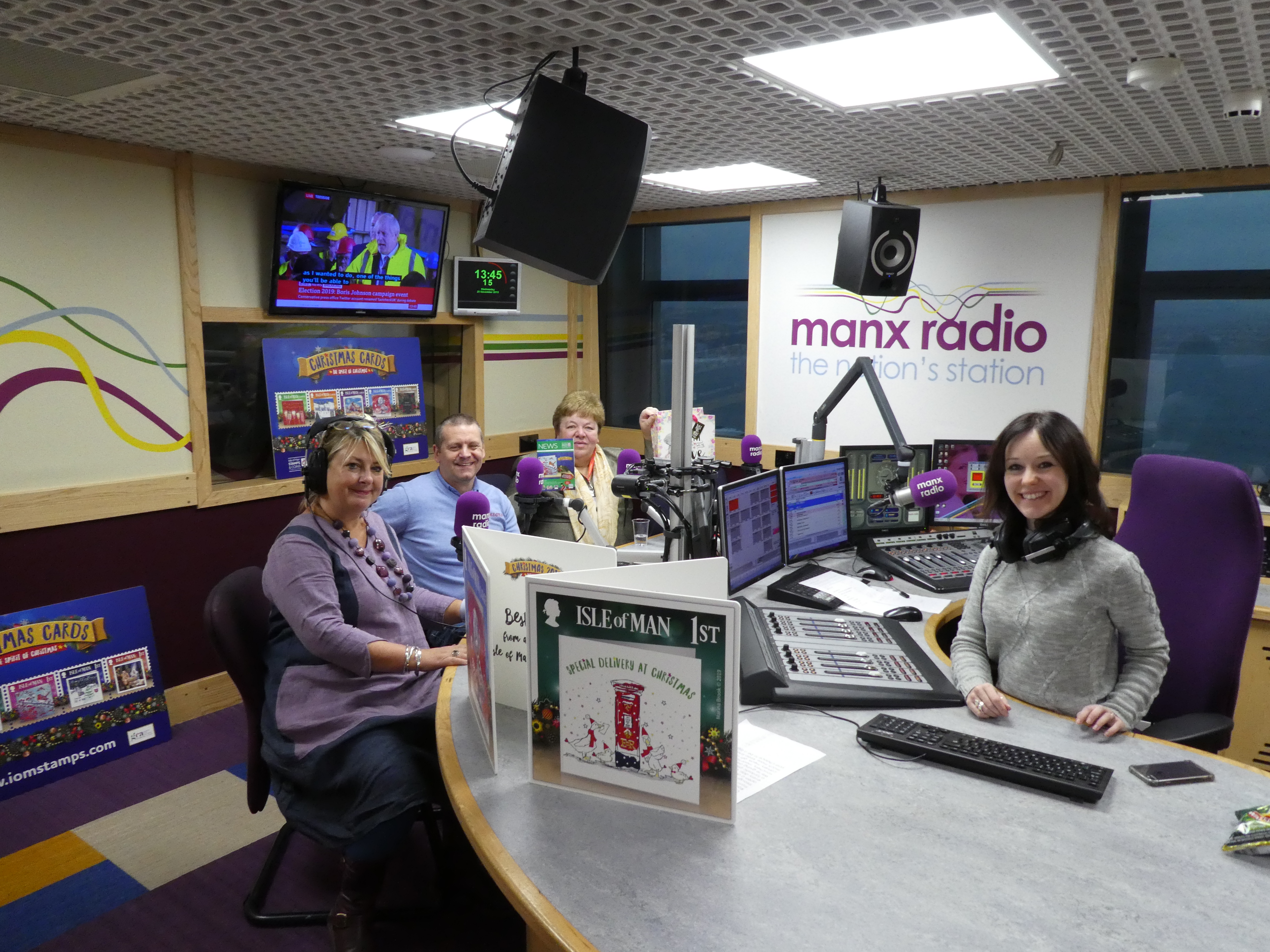 Above: In the Manx Radio studio (left-right) Jakki Brown (PG), Chris Beards (Mantons), Maxine Cannon (Isle of Man Post Office) and presenter Beth Esprey. 