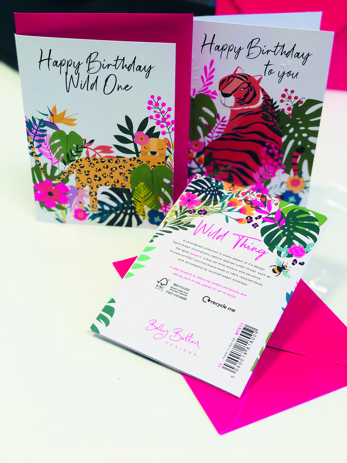 Above: The backs of the cards in Belly Button’s Wild Thing range includes a description about the animal featured on the front that’s under threat. “Big cats empower, whether reflecting our confidence in the fashion prints we wear, or the strength of motherhood and nurturing symbolised, we are hugely attached to that,” suggests Rachel Hare, md and creative director of Belly Button Designs. 
