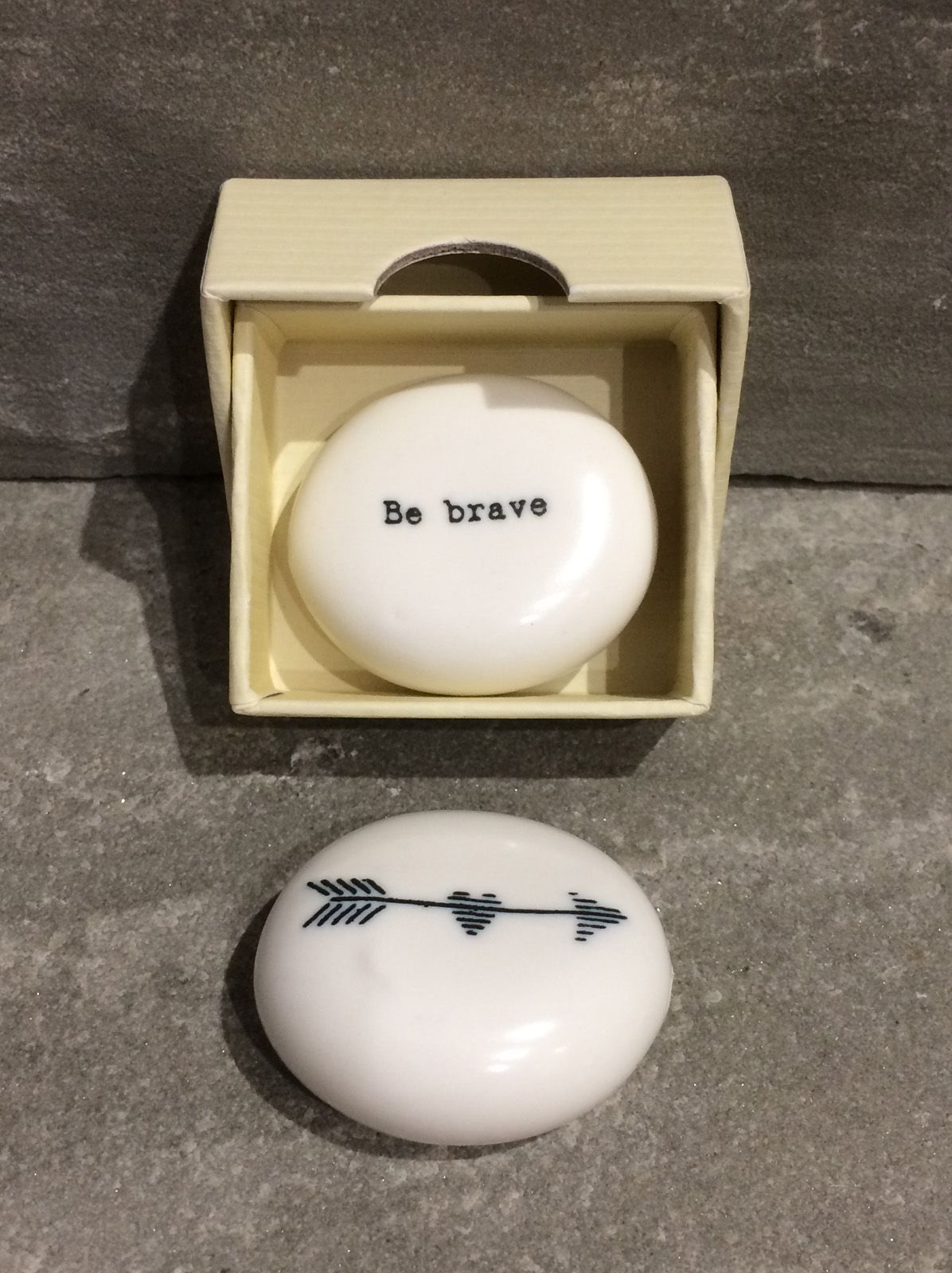 Above: Supportive words on an East Of India ceramic pebble keepsake.