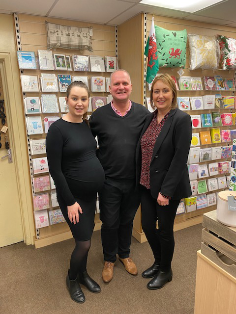 Above: Brendan Cahill with mother and daughter team Debs and Jess Came of Paperweight in Roath, Cardiff. 