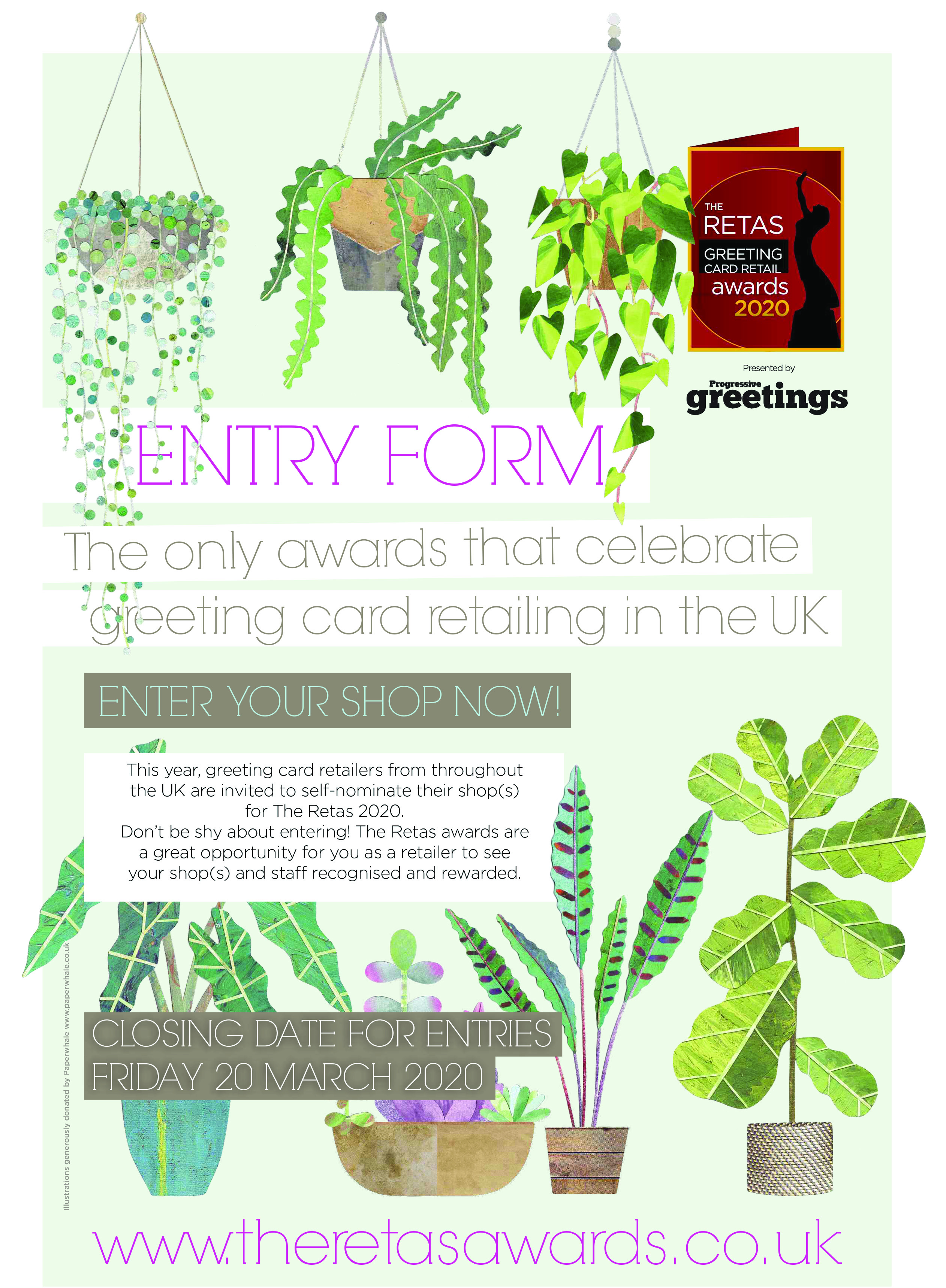 Above: The Retas entry form which features imagery by Lianne Harrison, founder of Paperwhale Cards in keeping with the Finery of Greenery theme of the awards event this year.
