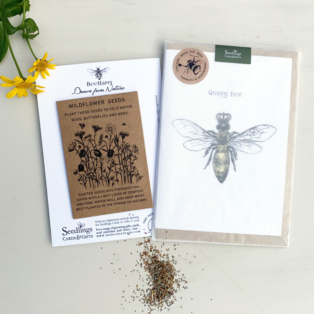 Above: A gorgeous bee design from Seedlings Cards & Gifts – with wildflower seeds and packaged with 100% responsively sourced pine cellulose made in the UK.