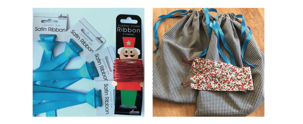 Above: Deva Designs’ ribbon and elasticated cord have been re-purposed for NHS workers’ needs. 