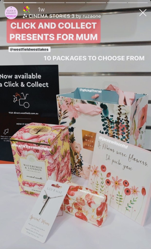 Above: Urban Gifts at Westlakes Shopping Mall in South Australia created Gift Solution Packs for Mother’s Day making very good use of social media to promote among the local community safely promoting the use of a ‘Click & Collect’ method to transact.