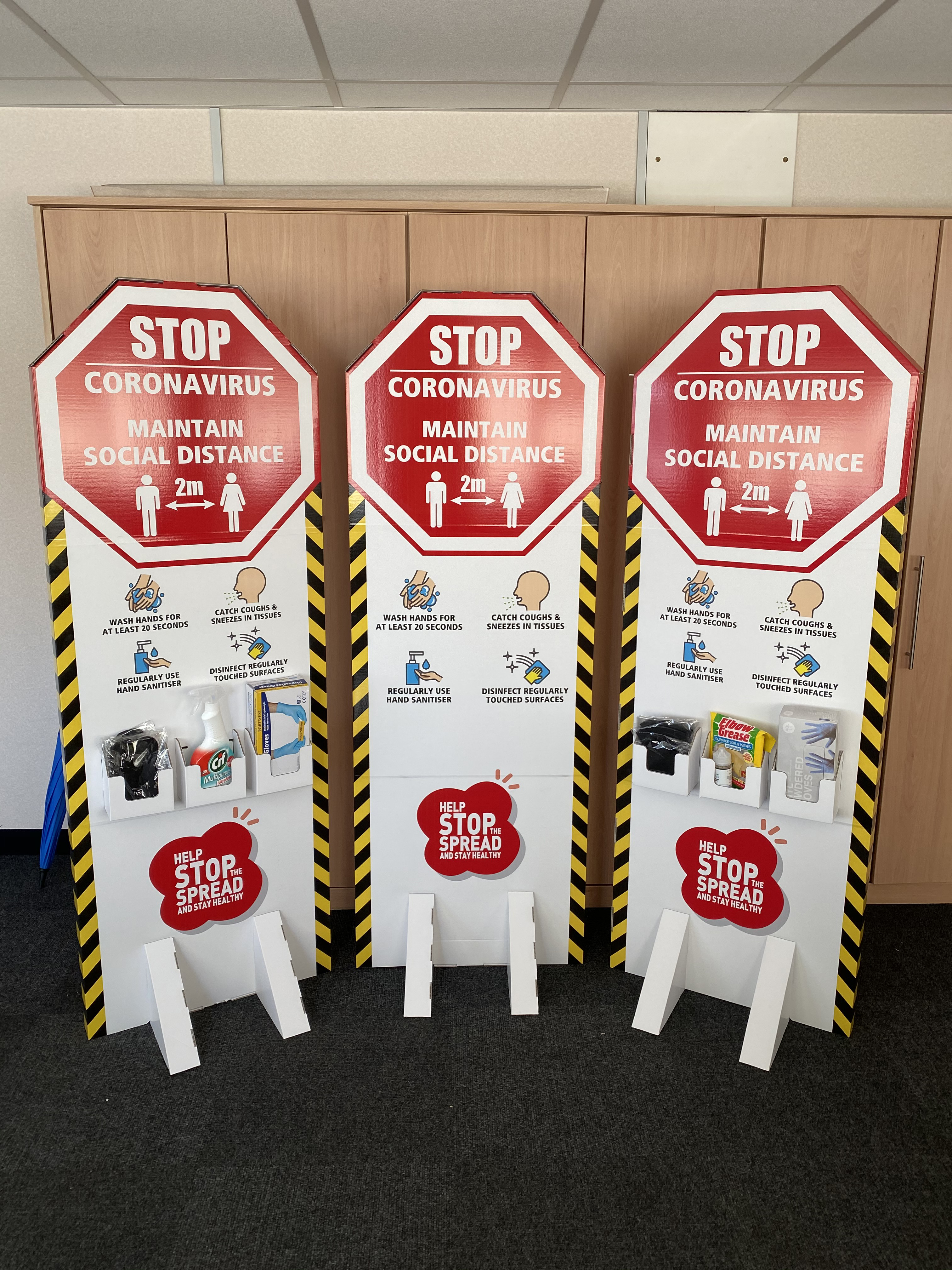 Above: The free standing display unit devised by N Smith to help communicate the important messages about safeguarding against the spread of the Covid-19 virus. 