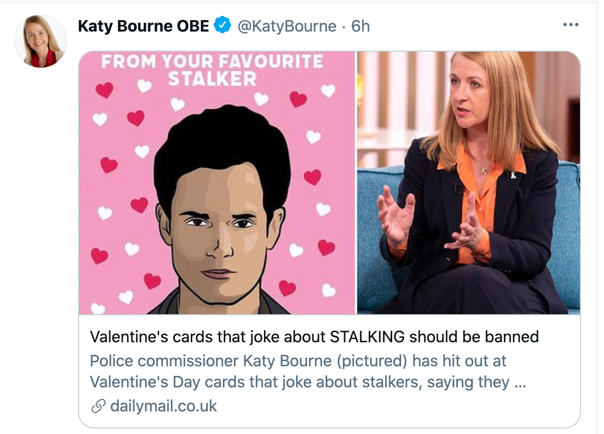 Above: Katy Bourne retweeted a message from Daily Mail calling for a ban of greeting cards that mention stalkers.