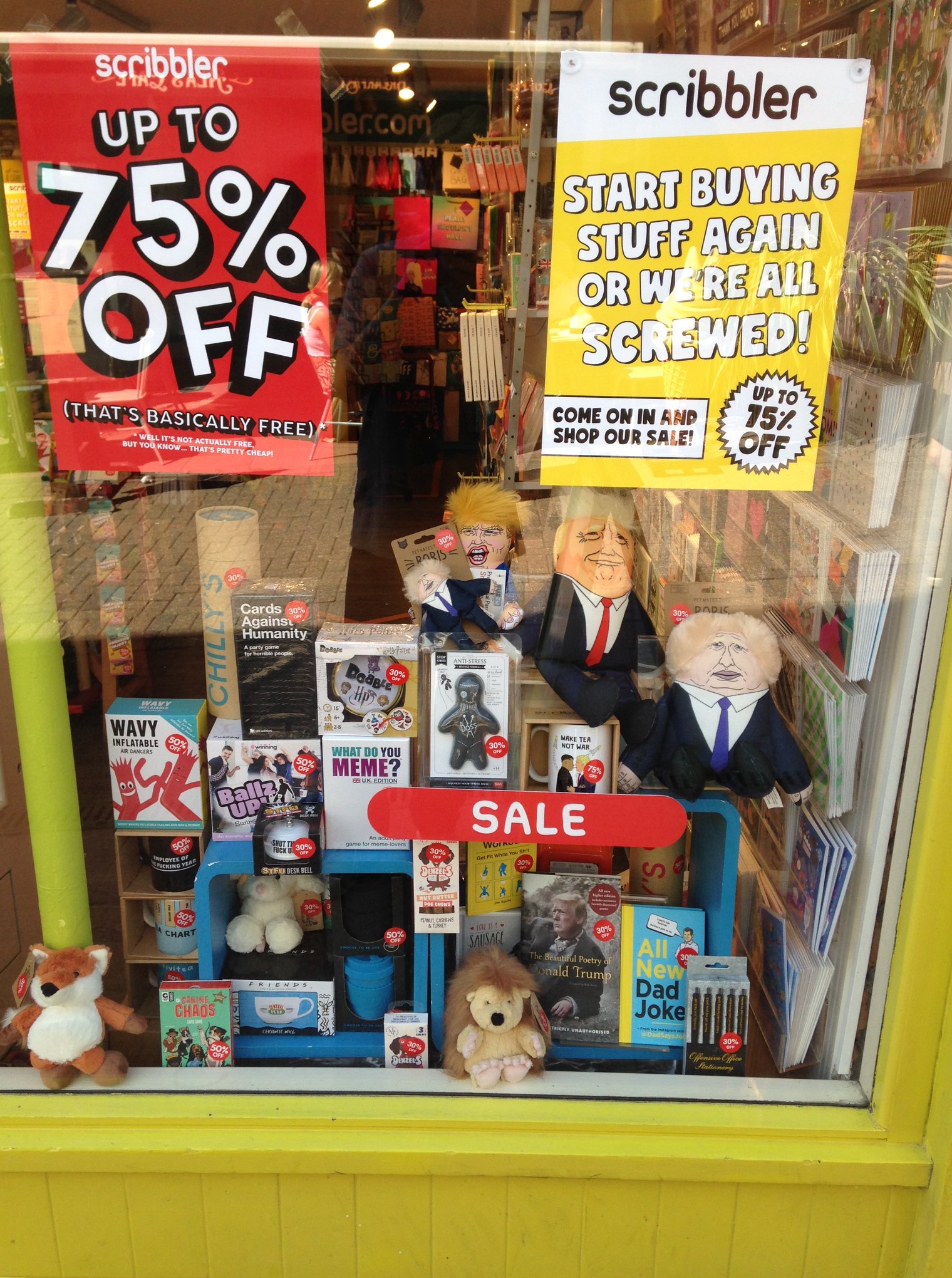 Above: Scribbler’s sale window last year to encourage shoppers to spend.