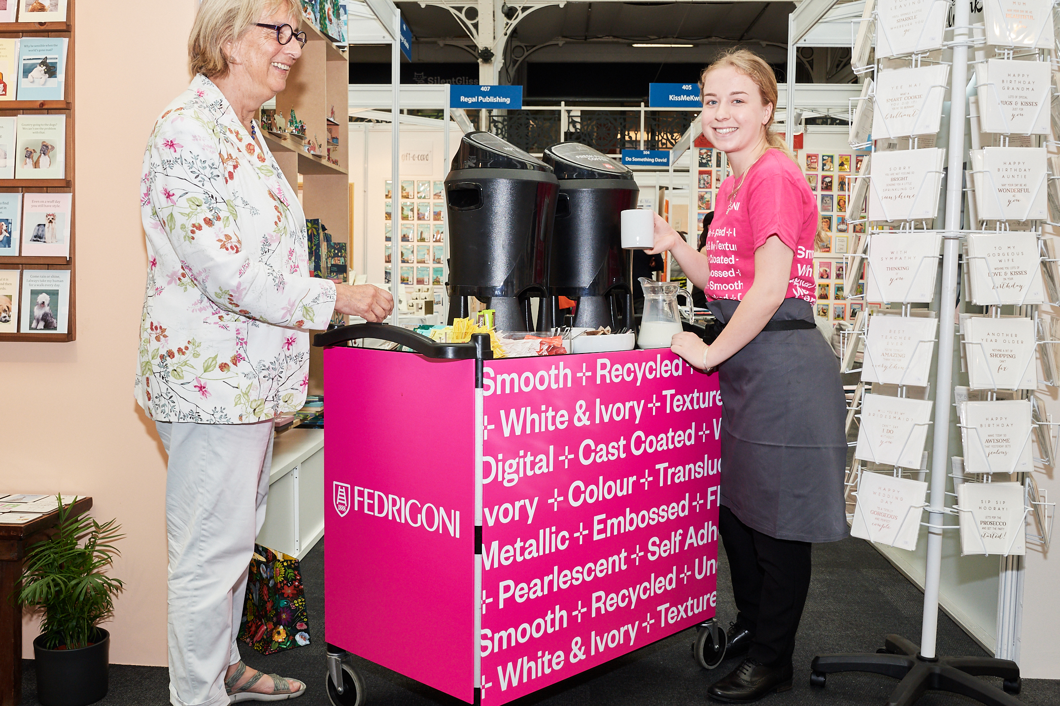 Above: Cath Tate enjoying a cuppa (in a proper cup!) from a tea trolley at the last PG Live. At this year’s show, Fedrigoni is sponsoring the lunchroom while Windles is to sponsor the tea trolleys and coffee points. 